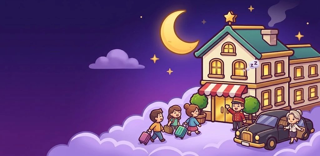 Suite Dreams: guests with suitcases arrive at a cozy hotel under a crescent moon, greeted by a bellhop